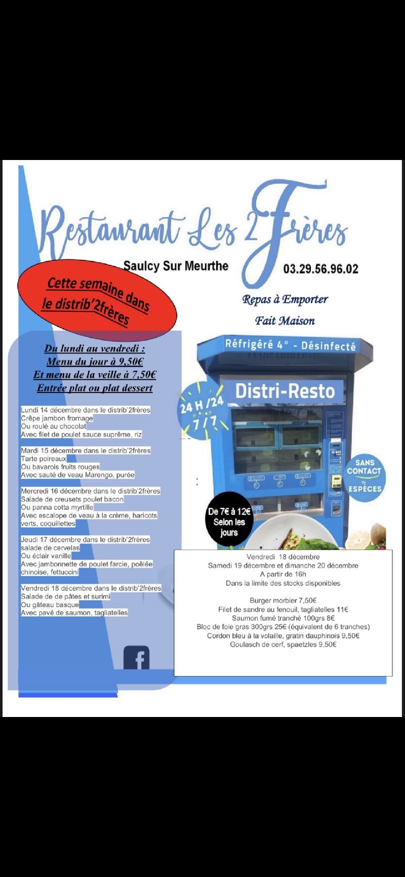1512 | Restaurant Les 2 Frères nos menu du Distrib’2frères et les menus à emporter du 14 décembre au 20 décembre Ingersheim 0