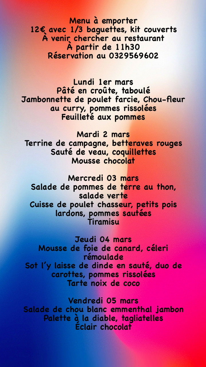 Nos menus du jour à emporter, semaine du 1er au 05 mars Rambervillers 0