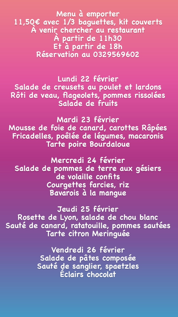 Nos menus à emporter chaud du lundi 22 février au vendredi 26 février Raon-l'Étape 0